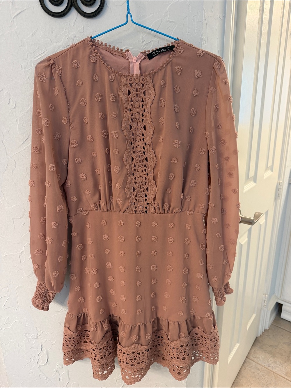 Lace-Trim Long Sleeve Dress - Dusty Rose